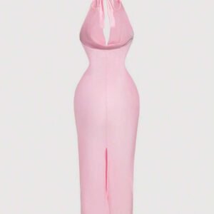 SHEIN MOD Robe mi-longue près du corps avec encolure drapée marron pour femmes, robe élégante, robe de soirée, robe de Nouvel An, robe de vacances du Nouvel An, robe de fête du Nouvel An pour femmes, robe de bal masqué