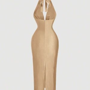 SHEIN MOD Robe mi-longue près du corps avec encolure drapée marron pour femmes, robe élégante, robe de soirée, robe de Nouvel An, robe de vacances du Nouvel An, robe de fête du Nouvel An pour femmes, robe de bal masqué