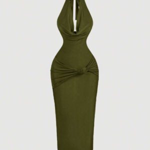 SHEIN MOD Robe mi-longue près du corps avec encolure drapée marron pour femmes, robe élégante, robe de soirée, robe de Nouvel An, robe de vacances du Nouvel An, robe de fête du Nouvel An pour femmes, robe de bal masqué