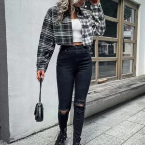 SHEIN LUNE Chemisier courte à blocs de couleurs à carreaux