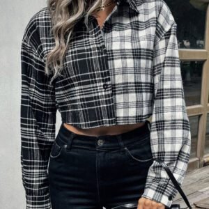 SHEIN LUNE Chemisier courte à blocs de couleurs à carreaux
