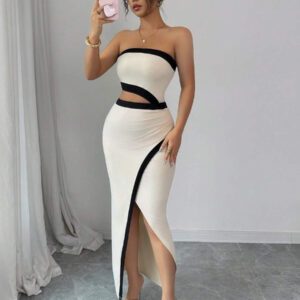 Chiquease Robe élégante et décontractée pour femmes en tricot patchwork, taille courte avec fente haute