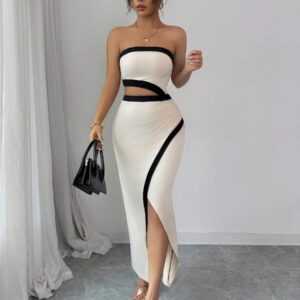 Chiquease Robe élégante et décontractée pour femmes en tricot patchwork, taille courte avec fente haute