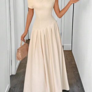 Islaluna Robe longue plissée asymétrique à épaules élégante et unie pour femmes