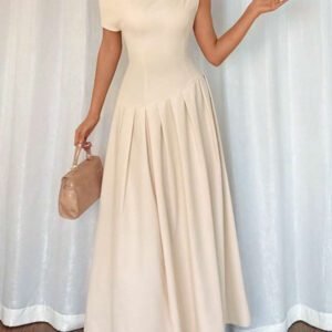 Islaluna Robe longue plissée asymétrique à épaules élégante et unie pour femmes