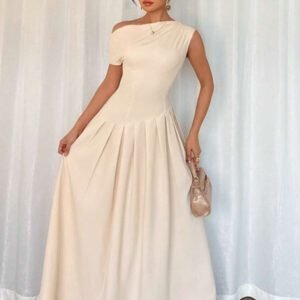 Islaluna Robe longue plissée asymétrique à épaules élégante et unie pour femmes