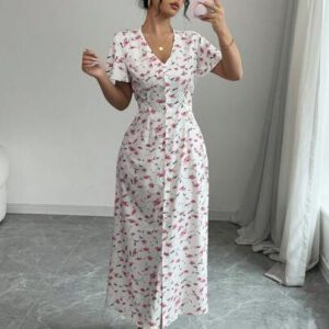 Rafferiza Nouvelle robe chemise style casual européen et américain avec encolure en V, taille cintrée et motif floral