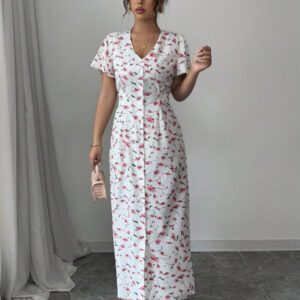 Rafferiza Nouvelle robe chemise style casual européen et américain avec encolure en V, taille cintrée et motif floral