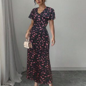 Rafferiza Nouvelle robe chemise style casual européen et américain avec encolure en V, taille cintrée et motif floral