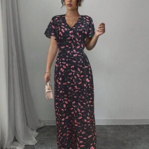 Rafferiza Nouvelle robe chemise style casual européen et américain avec encolure en V, taille cintrée et motif floral