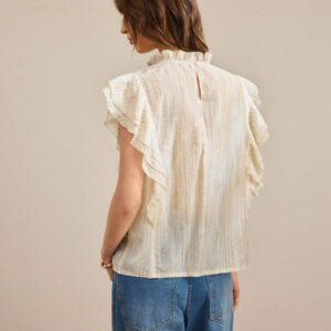 Ontre Blouse femme avec bordure à volants, manches à volants, couleur unie, , convient pour le printemps et l'été, Top élégant pour femme, porter en extérieur, tenue de plage/resort, style bohème, vacances d'été, tissu confortable et de haute qualité