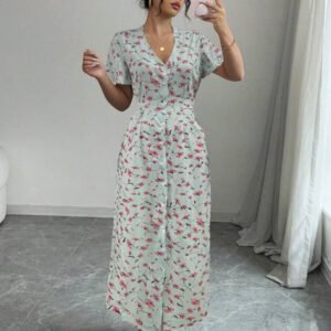 Rafferiza Nouvelle robe chemise style casual européen et américain avec encolure en V, taille cintrée et motif floral