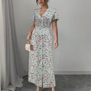 Rafferiza Nouvelle robe chemise style casual européen et américain avec encolure en V, taille cintrée et motif floral