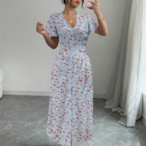 Rafferiza Nouvelle robe chemise style casual européen et américain avec encolure en V, taille cintrée et motif floral
