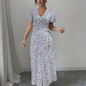 Rafferiza Nouvelle robe chemise style casual européen et américain avec encolure en V, taille cintrée et motif floral