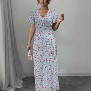Rafferiza Nouvelle robe chemise style casual européen et américain avec encolure en V, taille cintrée et motif floral