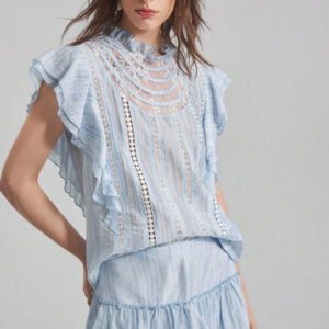 Ontre Blouse femme avec bordure à volants, manches à volants, couleur unie, , convient pour le printemps et l'été, Top élégant pour femme, porter en extérieur, tenue de plage/resort, style bohème, vacances d'été, tissu confortable et de haute qualité