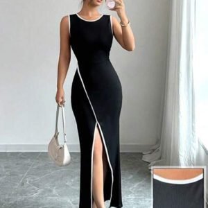 Elenzga Robe en tricot élégante sans manches, avec un passepoil blanc contrastant. Silhouette ajustée, avec une fente haute en forme de queue de poisson. Noir/blanc, convient pour les sorties, les rendez-vous, les fêtes, la Saint-Valentin, le printemps