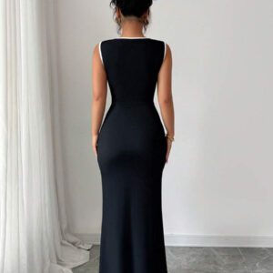 Elenzga Robe en tricot élégante sans manches, avec un passepoil blanc contrastant. Silhouette ajustée, avec une fente haute en forme de queue de poisson. Noir/blanc, convient pour les sorties, les rendez-vous, les fêtes, la Saint-Valentin, le printemps