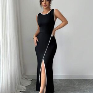 Elenzga Robe en tricot élégante sans manches, avec un passepoil blanc contrastant. Silhouette ajustée, avec une fente haute en forme de queue de poisson. Noir/blanc, convient pour les sorties, les rendez-vous, les fêtes, la Saint-Valentin, le printemps