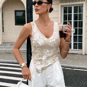 Siren Gaze Blouse sans manches asymétrique à col en V scintillante pour femmes