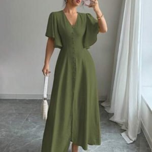 Elenzga Robe casual longue élégante pour femmes avec col en V, coupe évasée, ourlet fendu et détail de manches. Convient pour les thés, les vacances et les trajets domicile-travail au printemps/été