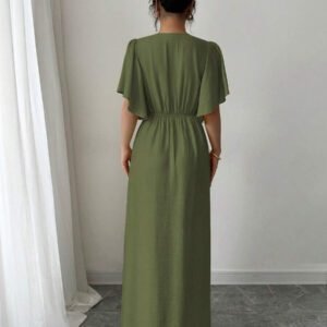 Elenzga Robe casual longue élégante pour femmes avec col en V, coupe évasée, ourlet fendu et détail de manches. Convient pour les thés, les vacances et les trajets domicile-travail au printemps/été