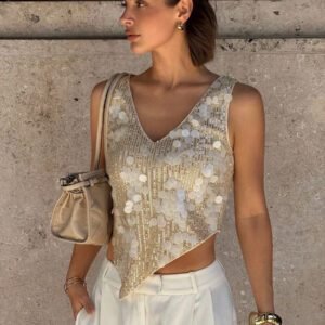 Siren Gaze Blouse sans manches asymétrique à col en V scintillante pour femmes