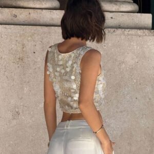 Siren Gaze Blouse sans manches asymétrique à col en V scintillante pour femmes
