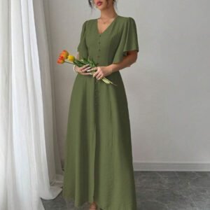 Elenzga Robe casual longue élégante pour femmes avec col en V, coupe évasée, ourlet fendu et détail de manches. Convient pour les thés, les vacances et les trajets domicile-travail au printemps/été