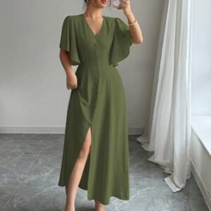 Elenzga Robe casual longue élégante pour femmes avec col en V, coupe évasée, ourlet fendu et détail de manches. Convient pour les thés, les vacances et les trajets domicile-travail au printemps/été
