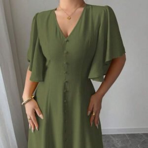 Elenzga Robe casual longue élégante pour femmes avec col en V, coupe évasée, ourlet fendu et détail de manches. Convient pour les thés, les vacances et les trajets domicile-travail au printemps/été