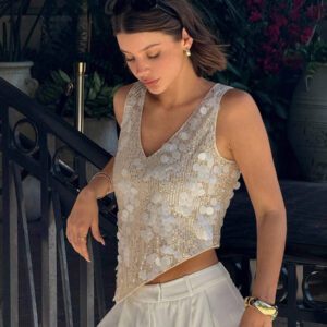 Siren Gaze Blouse sans manches asymétrique à col en V scintillante pour femmes