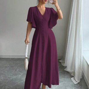 Elenzga Robe casual longue élégante pour femmes avec col en V, coupe évasée, ourlet fendu et détail de manches. Convient pour les thés, les vacances et les trajets domicile-travail au printemps/été