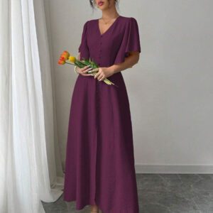 Elenzga Robe casual longue élégante pour femmes avec col en V, coupe évasée, ourlet fendu et détail de manches. Convient pour les thés, les vacances et les trajets domicile-travail au printemps/été