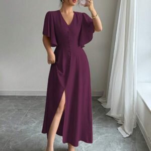 Elenzga Robe casual longue élégante pour femmes avec col en V, coupe évasée, ourlet fendu et détail de manches. Convient pour les thés, les vacances et les trajets domicile-travail au printemps/été
