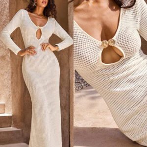 Opulessa 1 pièce Robe fourreau longue à col V en tricot de couleur unie, manches longues, pour femmes, pour mariage, cocktail, fête de Noël, soirée habillée, vacances
