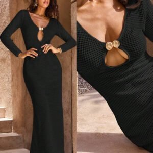 Opulessa 1 pièce Robe fourreau longue à col V en tricot de couleur unie, manches longues, pour femmes, pour mariage, cocktail, fête de Noël, soirée habillée, vacances