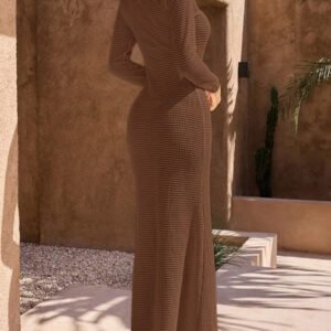 Opulessa 1 pièce Robe fourreau longue à col V en tricot de couleur unie, manches longues, pour femmes, pour mariage, cocktail, fête de Noël, soirée habillée, vacances