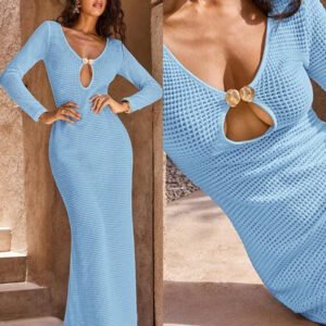 Opulessa 1 pièce Robe fourreau longue à col V en tricot de couleur unie, manches longues, pour femmes, pour mariage, cocktail, fête de Noël, soirée habillée, vacances