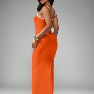 MISSGUIDED Robe maxi moulante de soirée, de cocktail, de longueur de plancher, à bretelles spaghetti, avec empiècement contrastant. Style cami jerseysur le thème de l'été