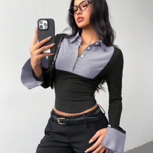 Rina Fox Chemise à manches à volants imprimé rayé, hauts à manches longues