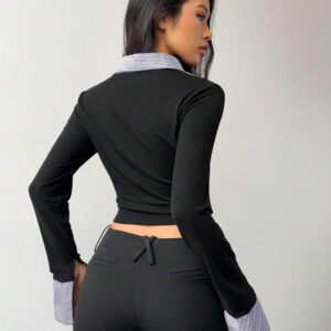 Rina Fox Chemise à manches à volants imprimé rayé, hauts à manches longues