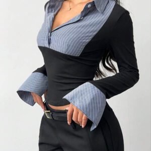 Rina Fox Chemise à manches à volants imprimé rayé, hauts à manches longues