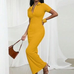 NYA SZN Robe maxi texturée ajustée à manches courtes avec col printanier pour festival d'été, Jour de la Saint-Patrick, vacances, printemps modeste, remise des diplômes, invité de mariage, occasions spéciales, dîner de demoiselle d'honneur, bal de promo