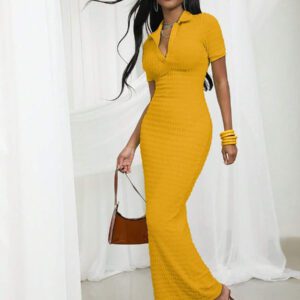 NYA SZN Robe maxi texturée ajustée à manches courtes avec col printanier pour festival d'été, Jour de la Saint-Patrick, vacances, printemps modeste, remise des diplômes, invité de mariage, occasions spéciales, dîner de demoiselle d'honneur, bal de promo