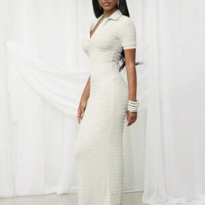 NYA SZN Robe maxi texturée ajustée à manches courtes avec col printanier pour festival d'été, Jour de la Saint-Patrick, vacances, printemps modeste, remise des diplômes, invité de mariage, occasions spéciales, dîner de demoiselle d'honneur, bal de promo