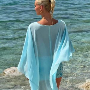 Sweetina Top casual ample de vacances bleu pour femmes avec style multi-portage, col asymétrique, dos ouvert et lien à nouer