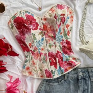 Soleia Top tube femme pour mariage, Top de corset pour femme, Top d'été pour femme, Top d'été, tenue occidentale pour femme, Top de sortie, style bohème, Top pour concert, festival rave, tenue de croisière pour femme, Top pour anniversaire de femme, Top pour vacances, Top tube, débardeur pour femme, Top tube en jacquard fleuri coloré style palais rétro avec bouton et lien dans le dos, pour les vacances