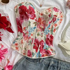 Soleia Top tube femme pour mariage, Top de corset pour femme, Top d'été pour femme, Top d'été, tenue occidentale pour femme, Top de sortie, style bohème, Top pour concert, festival rave, tenue de croisière pour femme, Top pour anniversaire de femme, Top pour vacances, Top tube, débardeur pour femme, Top tube en jacquard fleuri coloré style palais rétro avec bouton et lien dans le dos, pour les vacances